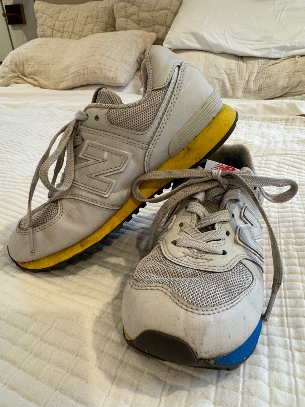 New Balance Kids Light Gray Sneakers with Yellow & Blue Accents